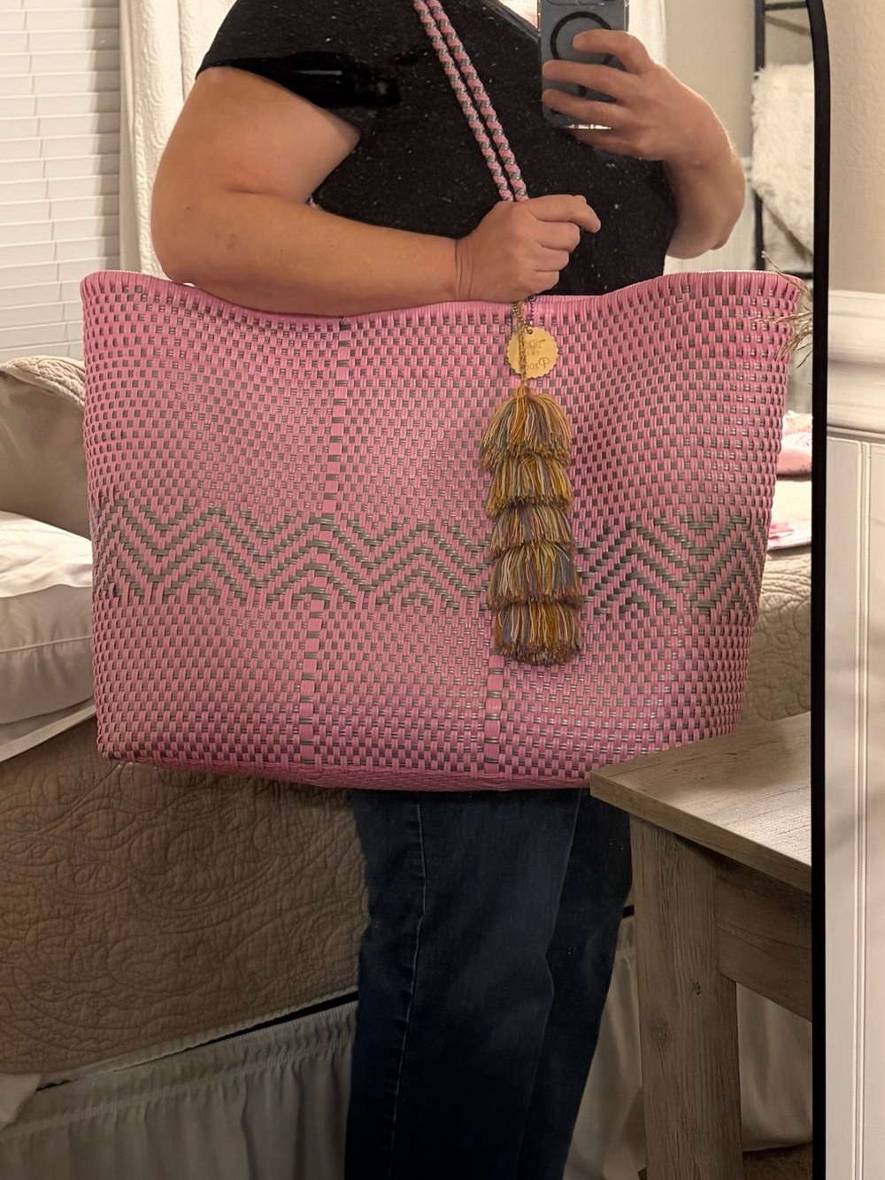 Pink Woven Tote Bag with Tassel Accent
